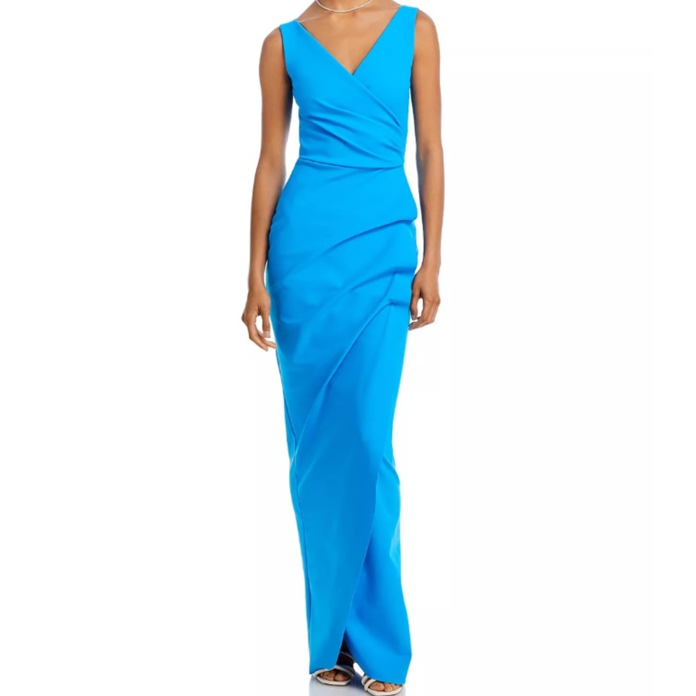 New Chiara Boni La Petite Robe Zalfa Sleeveless V-Neck Gown Size 6 Catalina Blue